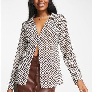 Abercrombie brown and white checked blouse